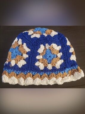 Handmade unisex Crochet Beanie - Blue, White & Tan